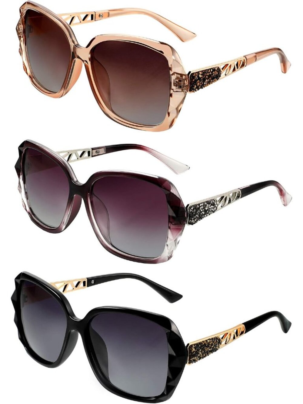 Classic Vintage 3 Pack: Ladies Oversized Rhinestone Sunglasses Collection